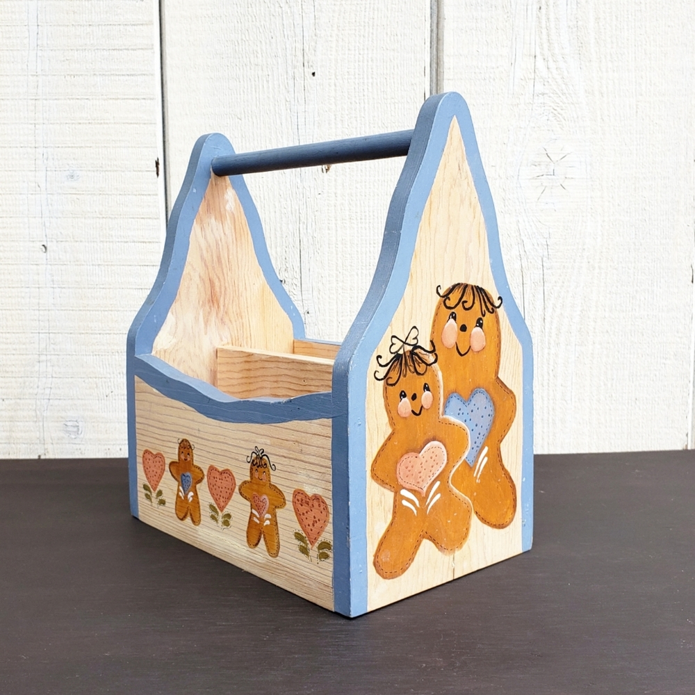 Vintage Hand Painted Gingerbread Man Wooden Caddy